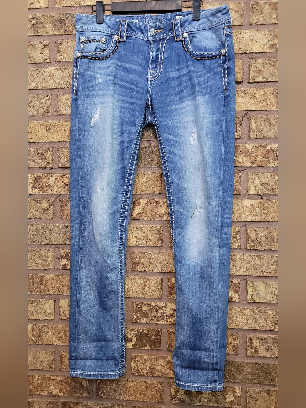 Miss Me Cuffed Skinny Flap Pockets Distressed Denim Jeans Cotton Stretch Size 30